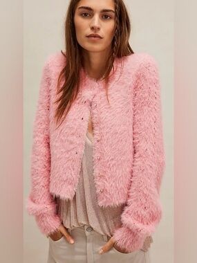 Free People Celeste Cardi pink fuzzy cardigan sweater heart buttons
